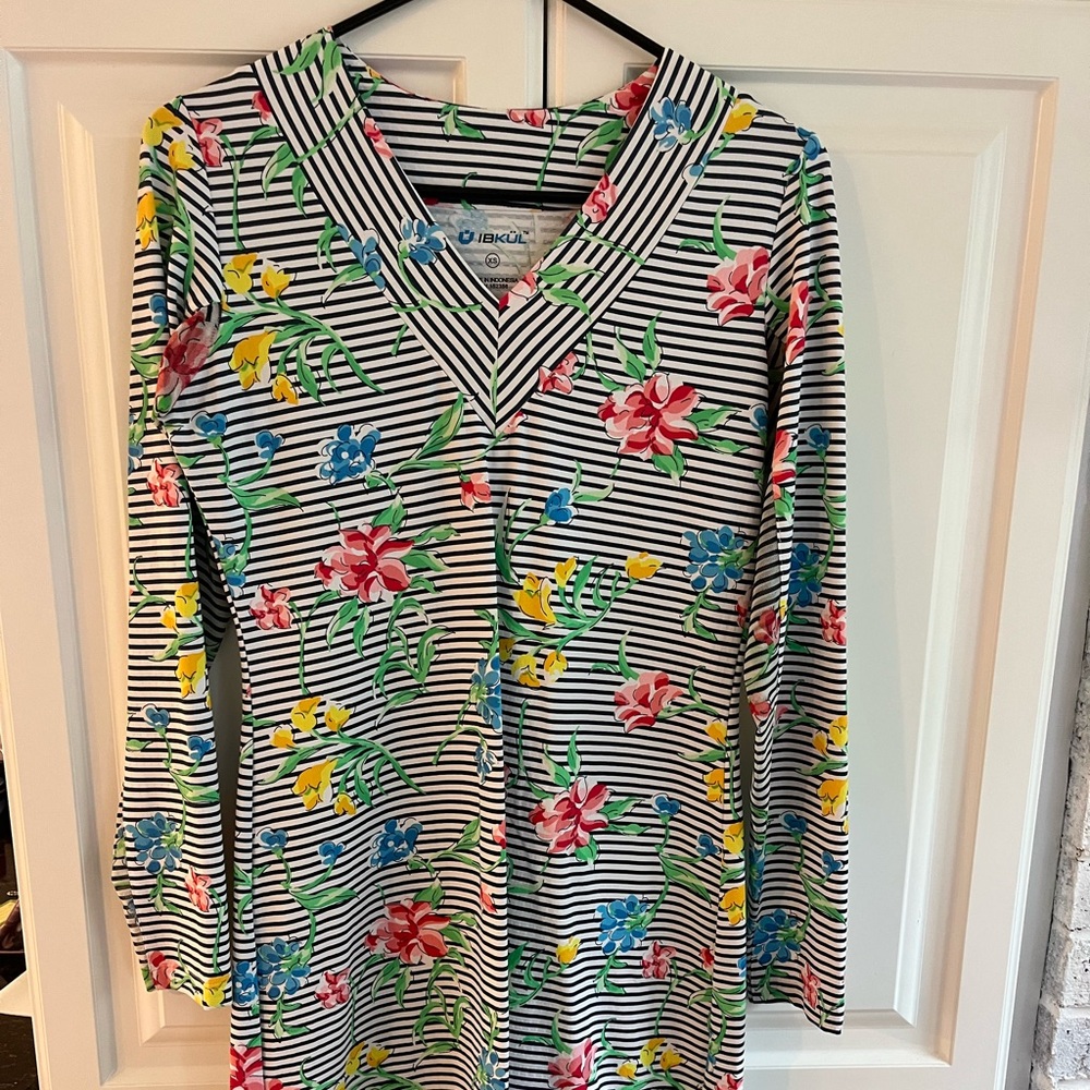 Ibkul Striped Floral Long Sleeve Dress
